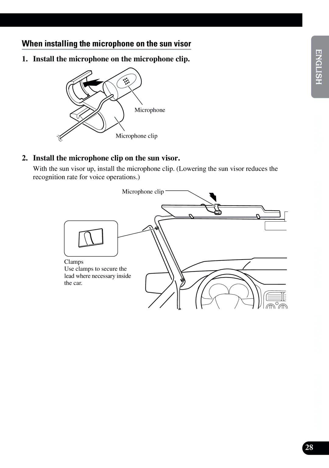 2Wire AVIC-9DVD When installing the microphone on the sun visor, Install the microphone on the microphone clip 