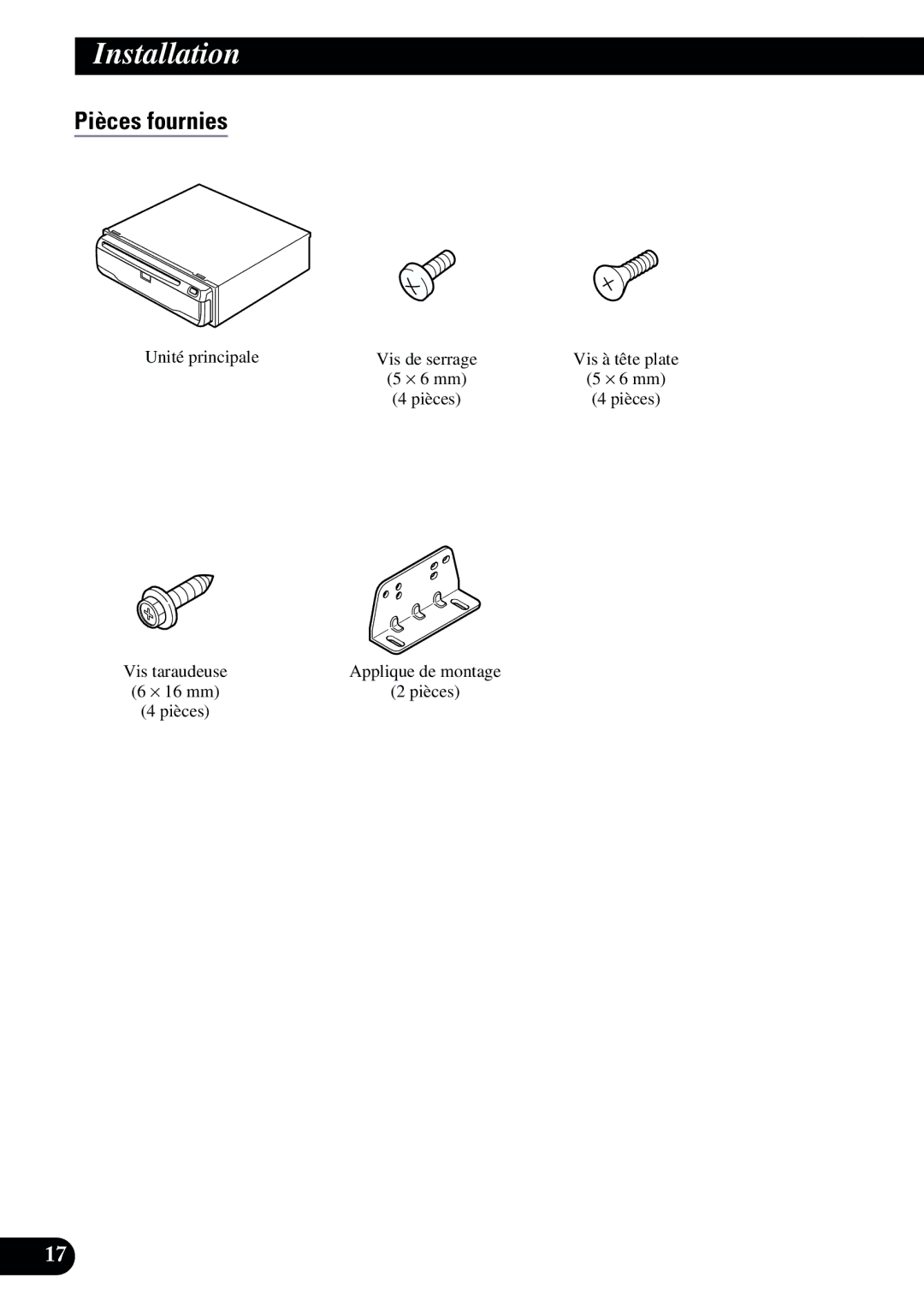 2Wire AVIC-9DVD installation manual Unité principale, Vis taraudeuse 