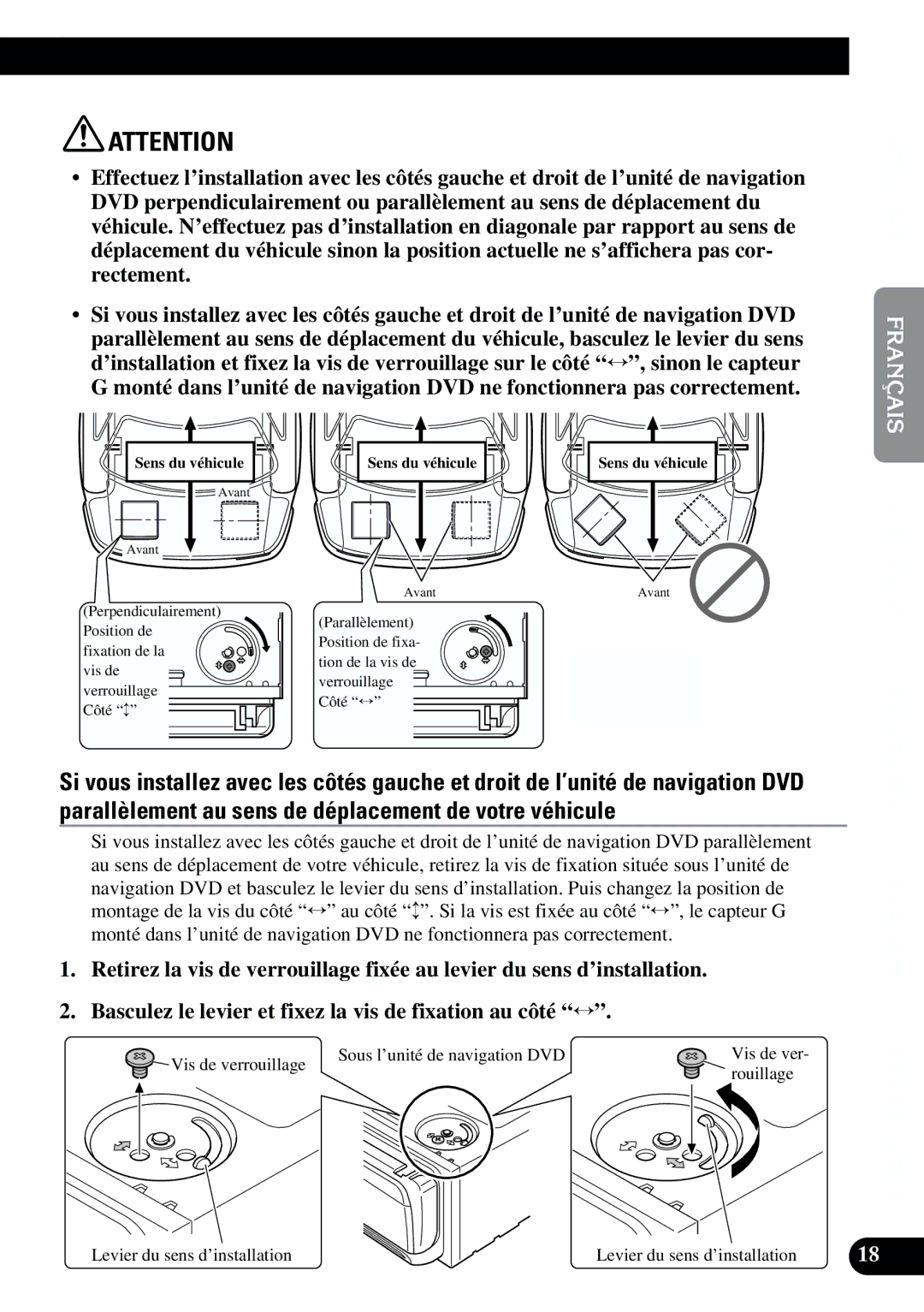 2Wire AVIC-9DVD Vis de verrouillage Sous l’unité de navigation DVD, Rouillage, Levier du sens d’installation 