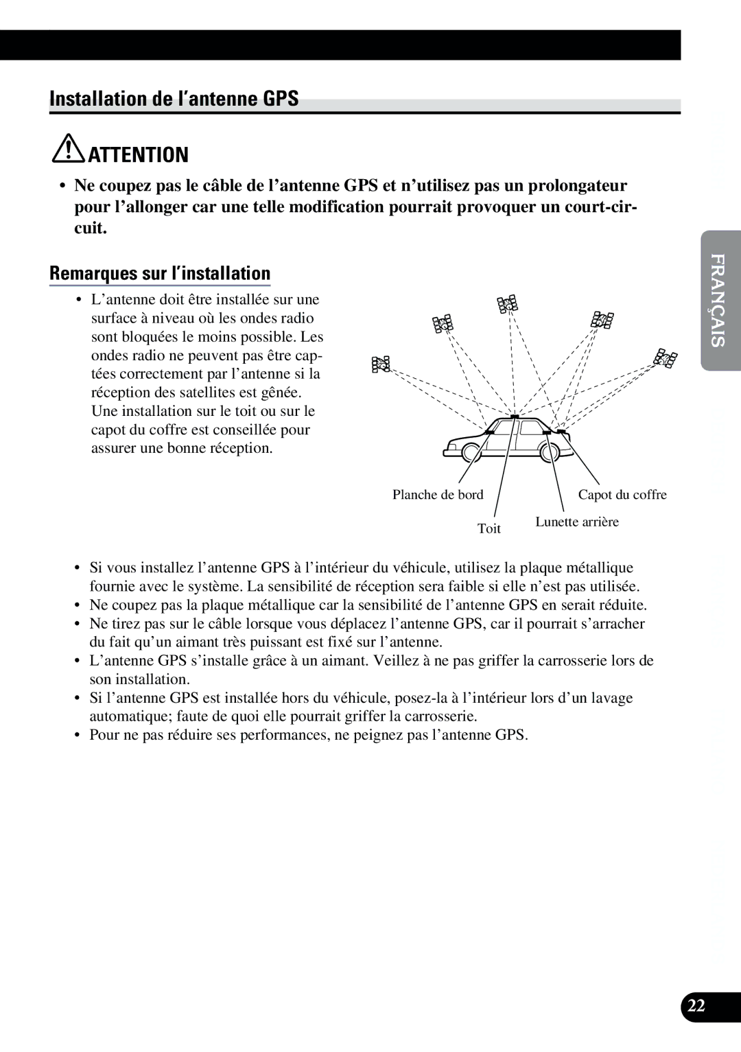 2Wire AVIC-9DVD installation manual Installation de l’antenne GPS, Planche de bord Toit Capot du coffre Lunette arrière 