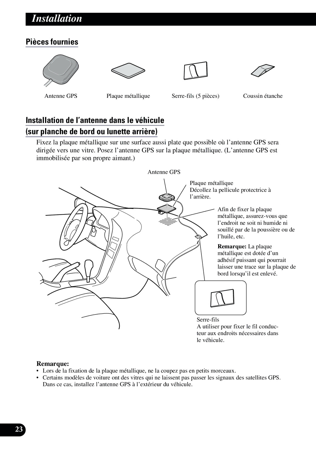 2Wire AVIC-9DVD installation manual Pièces fournies, Antenne GPS Plaque métallique Serre-fils 5 pièces 