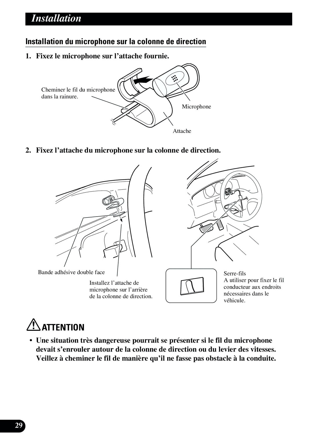 2Wire AVIC-9DVD installation manual Installation du microphone sur la colonne de direction, Bande adhésive double face 