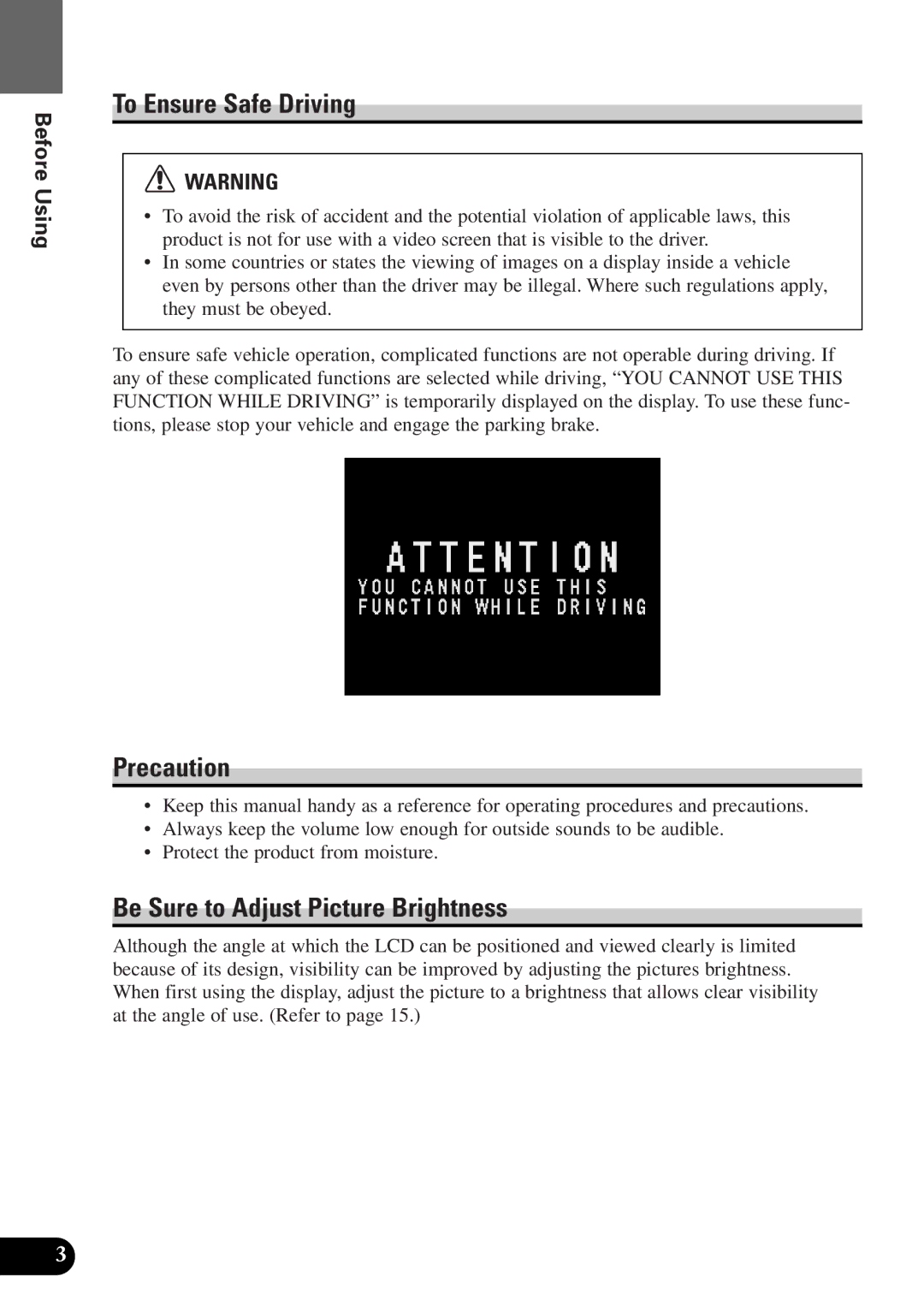 2Wire AVX-7300 operation manual To Ensure Safe Driving, Be Sure to Adjust Picture Brightness 