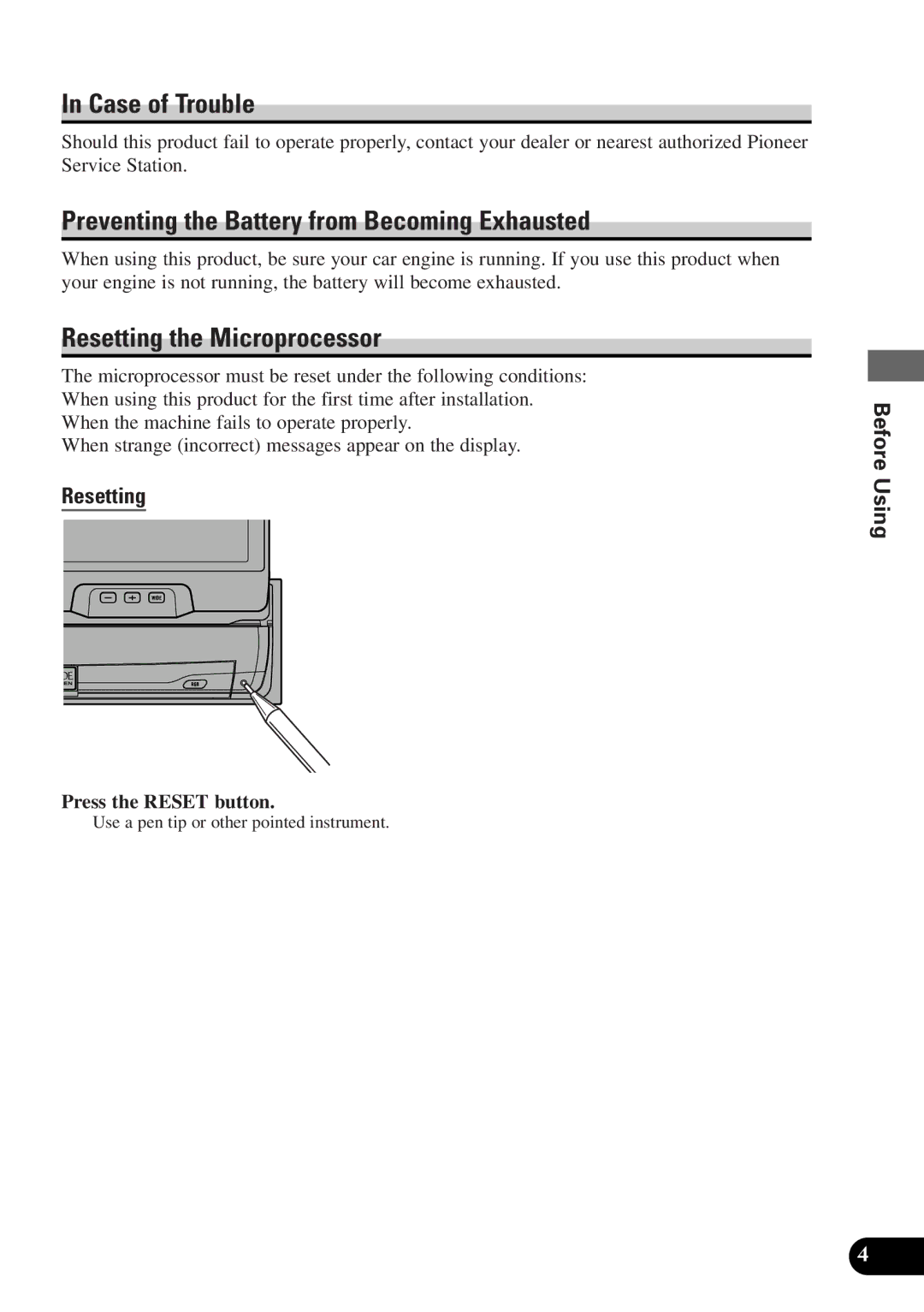 2Wire AVX-7300 Case of Trouble, Preventing the Battery from Becoming Exhausted, Resetting the Microprocessor 