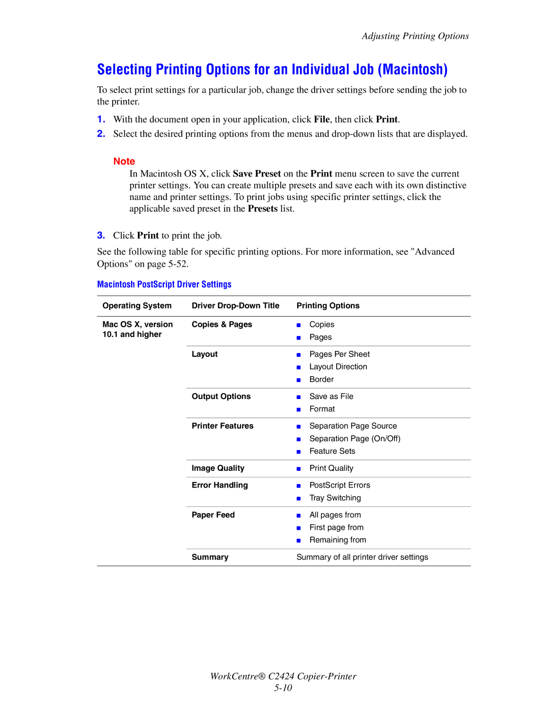 2Wire C424 manual Selecting Printing Options for an Individual Job Macintosh, Macintosh PostScript Driver Settings 