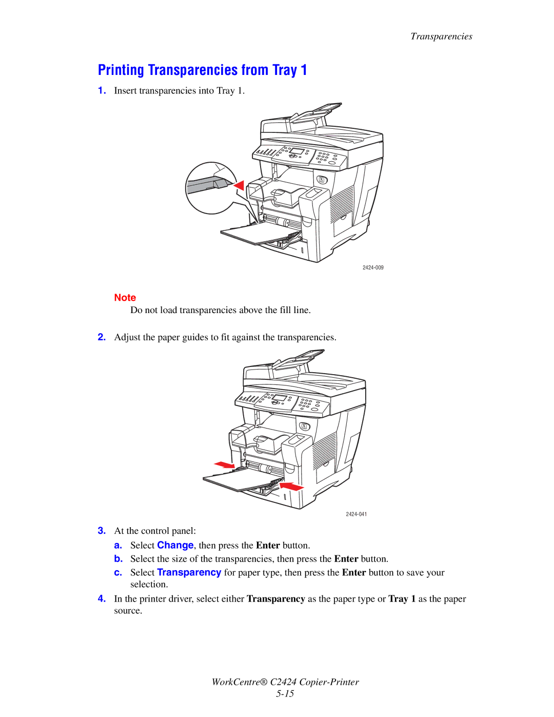 2Wire C424 manual Printing Transparencies from Tray 