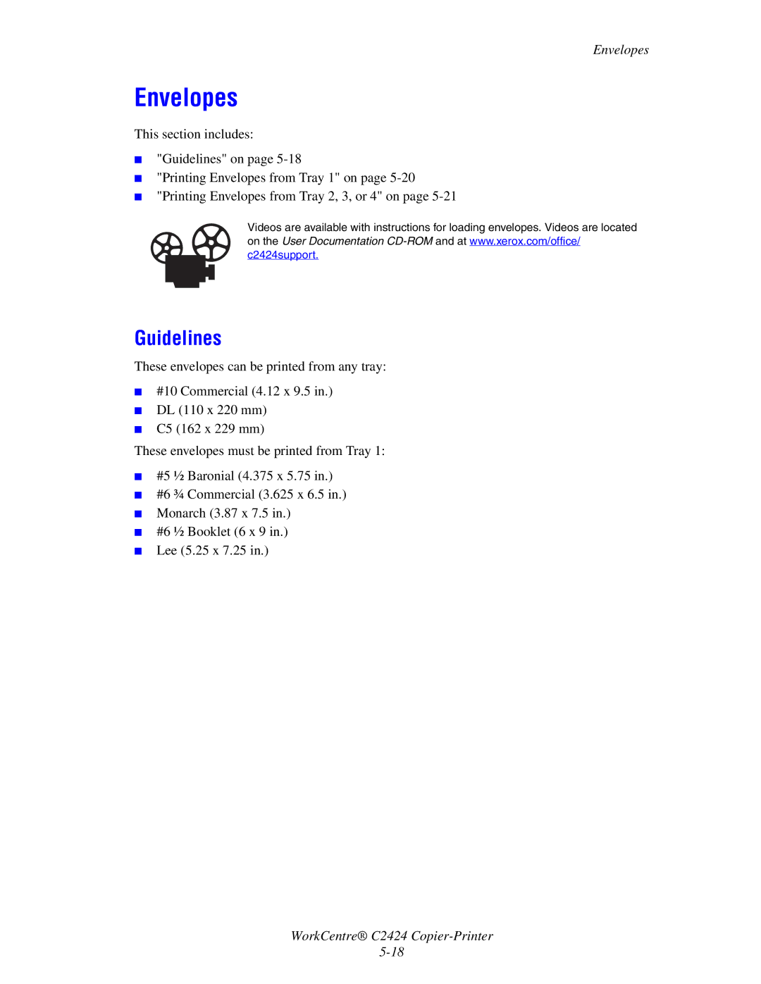 2Wire C424 manual Envelopes, Guidelines 