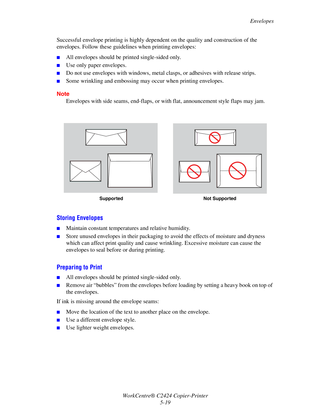 2Wire C424 manual Storing Envelopes, Preparing to Print 