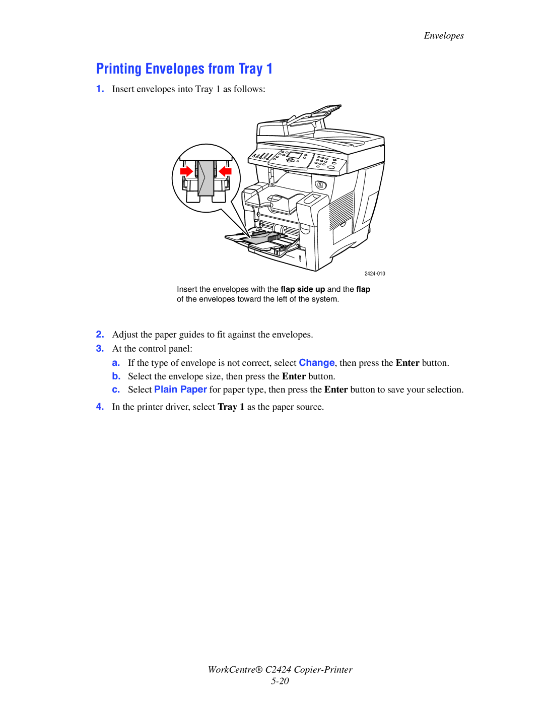 2Wire C424 manual Printing Envelopes from Tray, Insert envelopes into Tray 1 as follows 