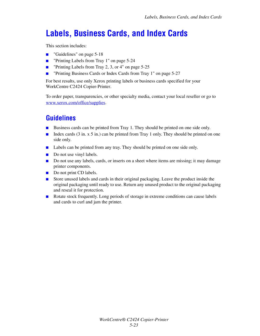 2Wire C424 manual Labels, Business Cards, and Index Cards, Guidelines 