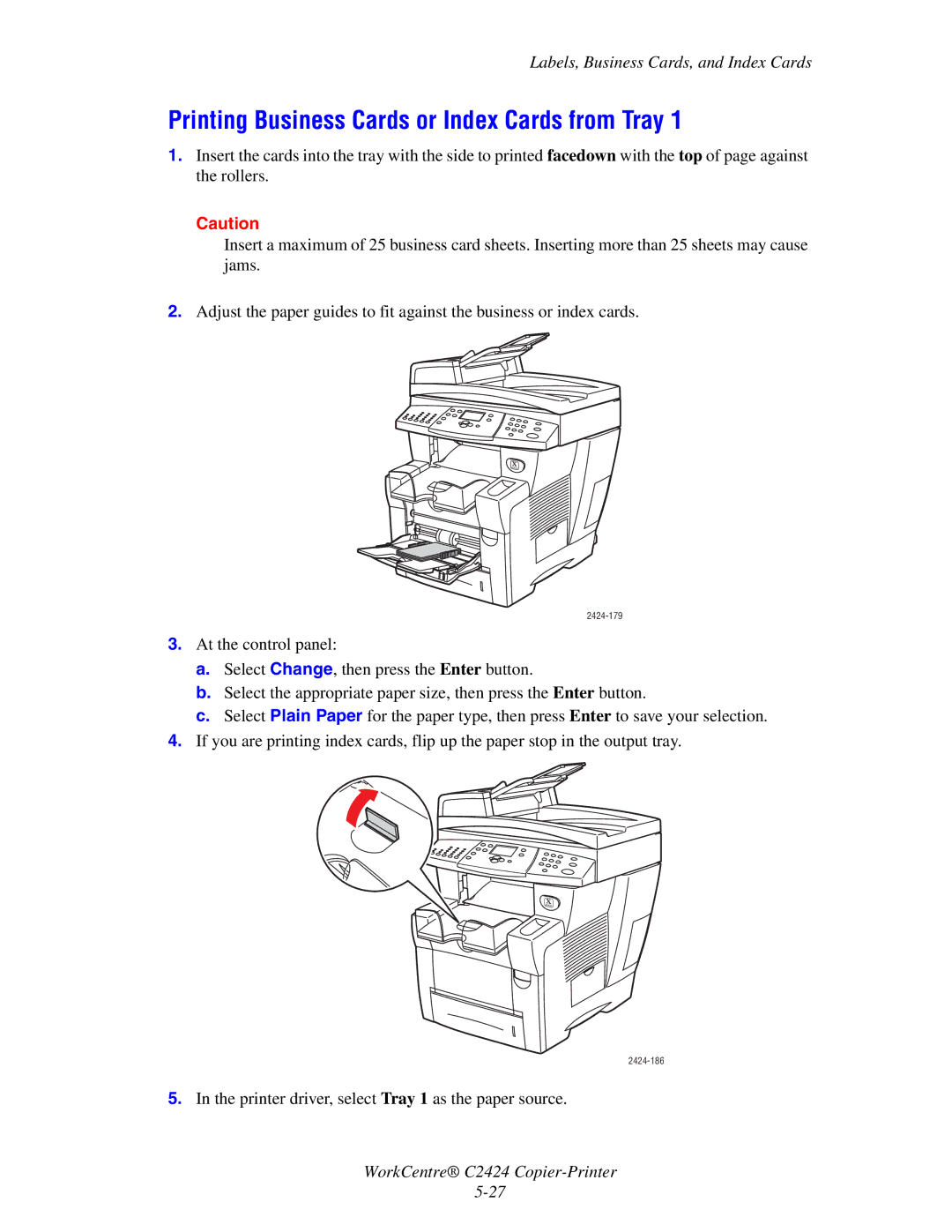 2Wire C424 manual Printing Business Cards or Index Cards from Tray 