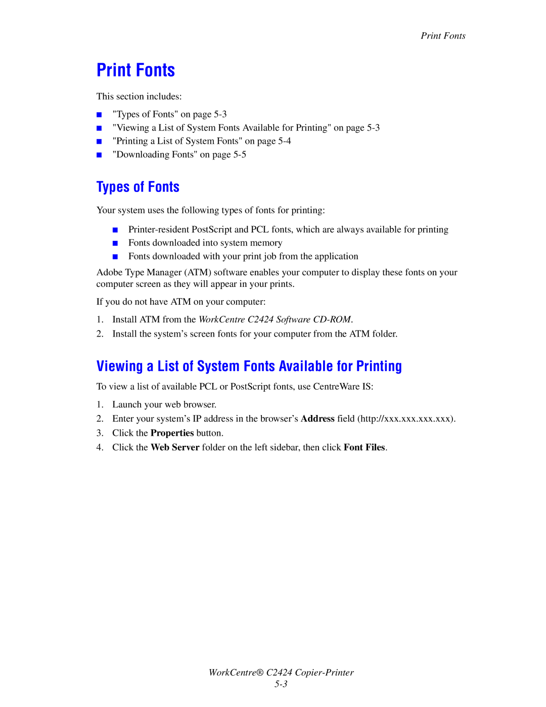 2Wire C424 manual Print Fonts, Types of Fonts, Viewing a List of System Fonts Available for Printing 