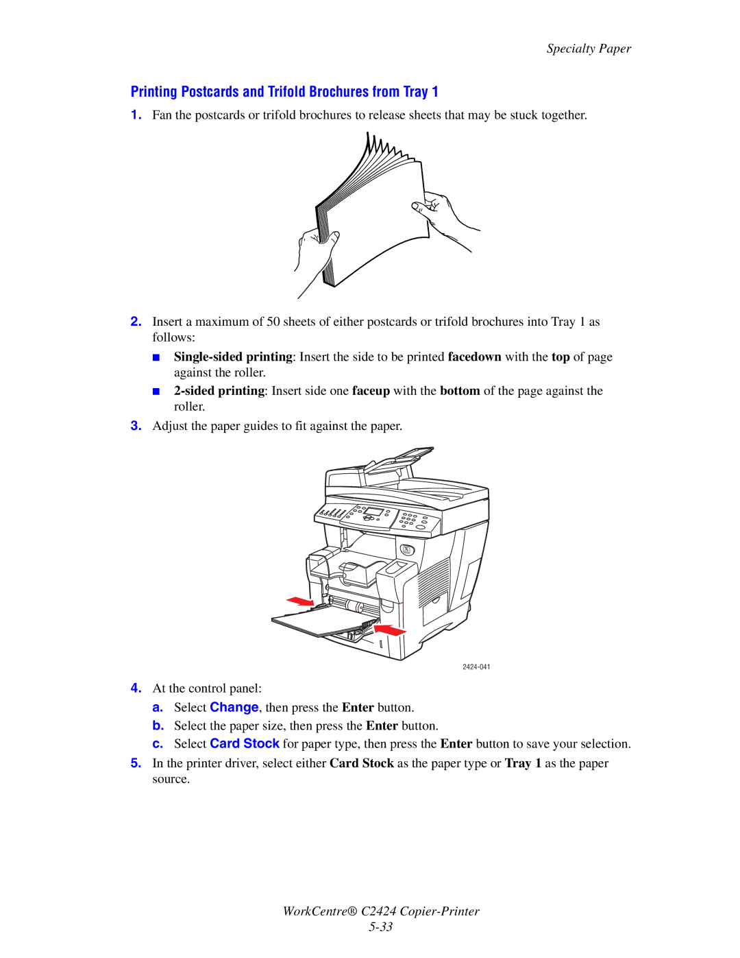 2Wire C424 manual Printing Postcards and Trifold Brochures from Tray 