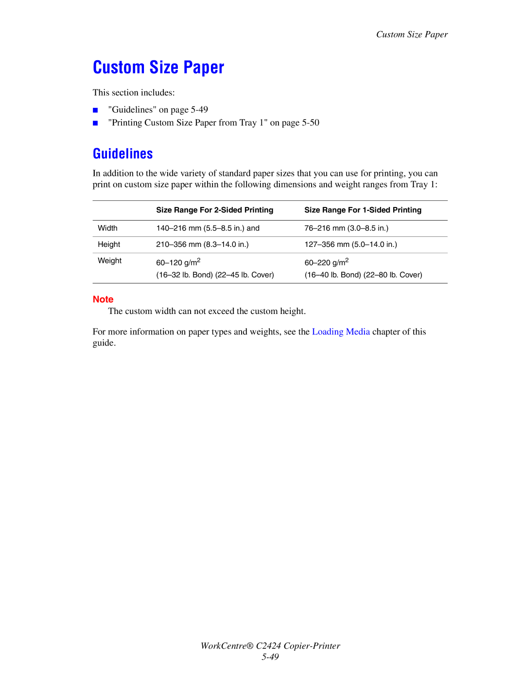 2Wire C424 manual Custom Size Paper, Guidelines 