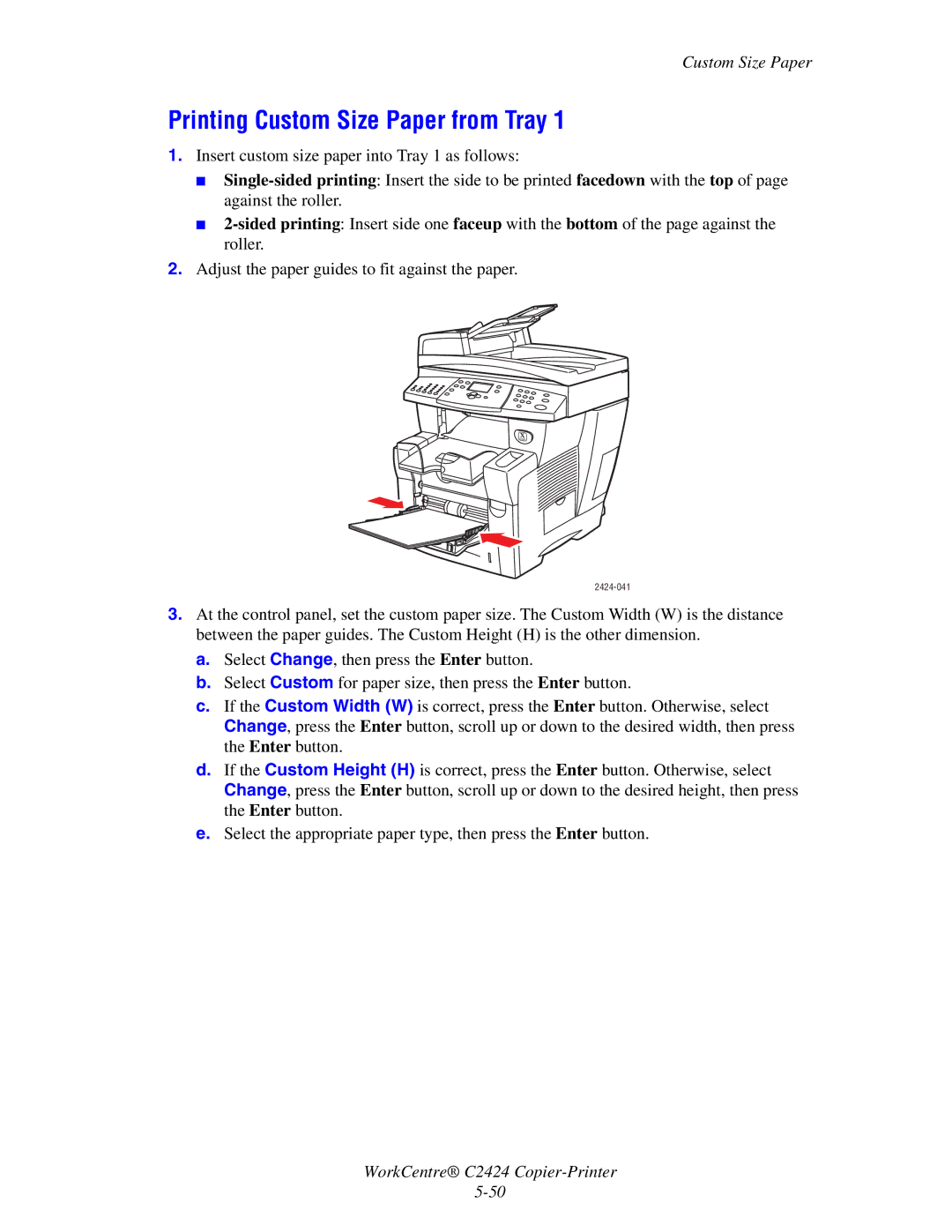 2Wire C424 manual Printing Custom Size Paper from Tray 