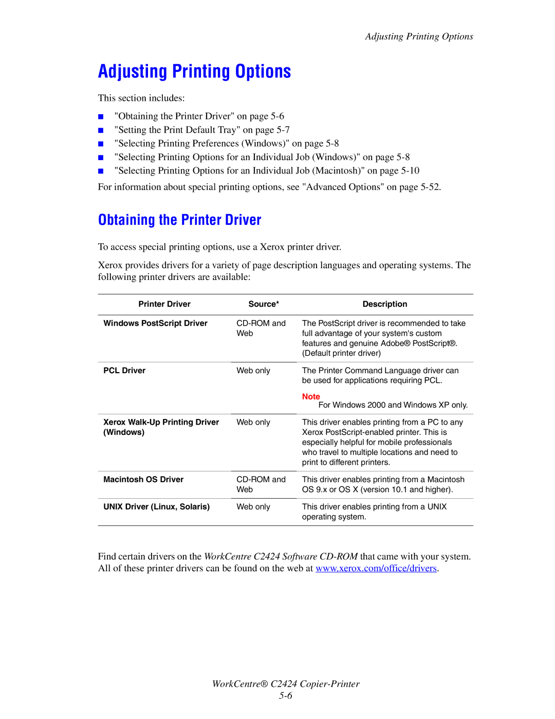 2Wire C424 manual Adjusting Printing Options, Obtaining the Printer Driver 