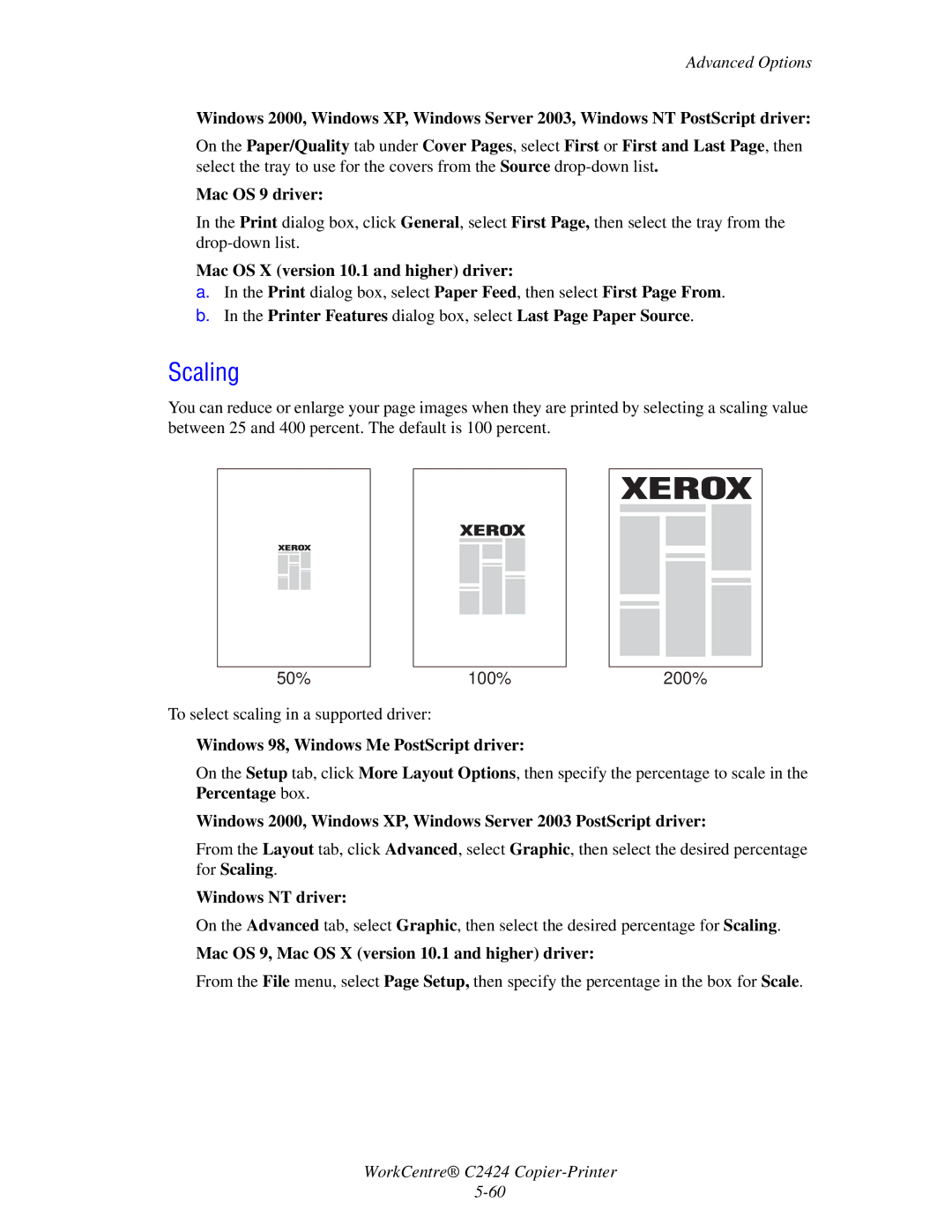 2Wire C424 manual Scaling, Mac OS 9, Mac OS X version 10.1 and higher driver 