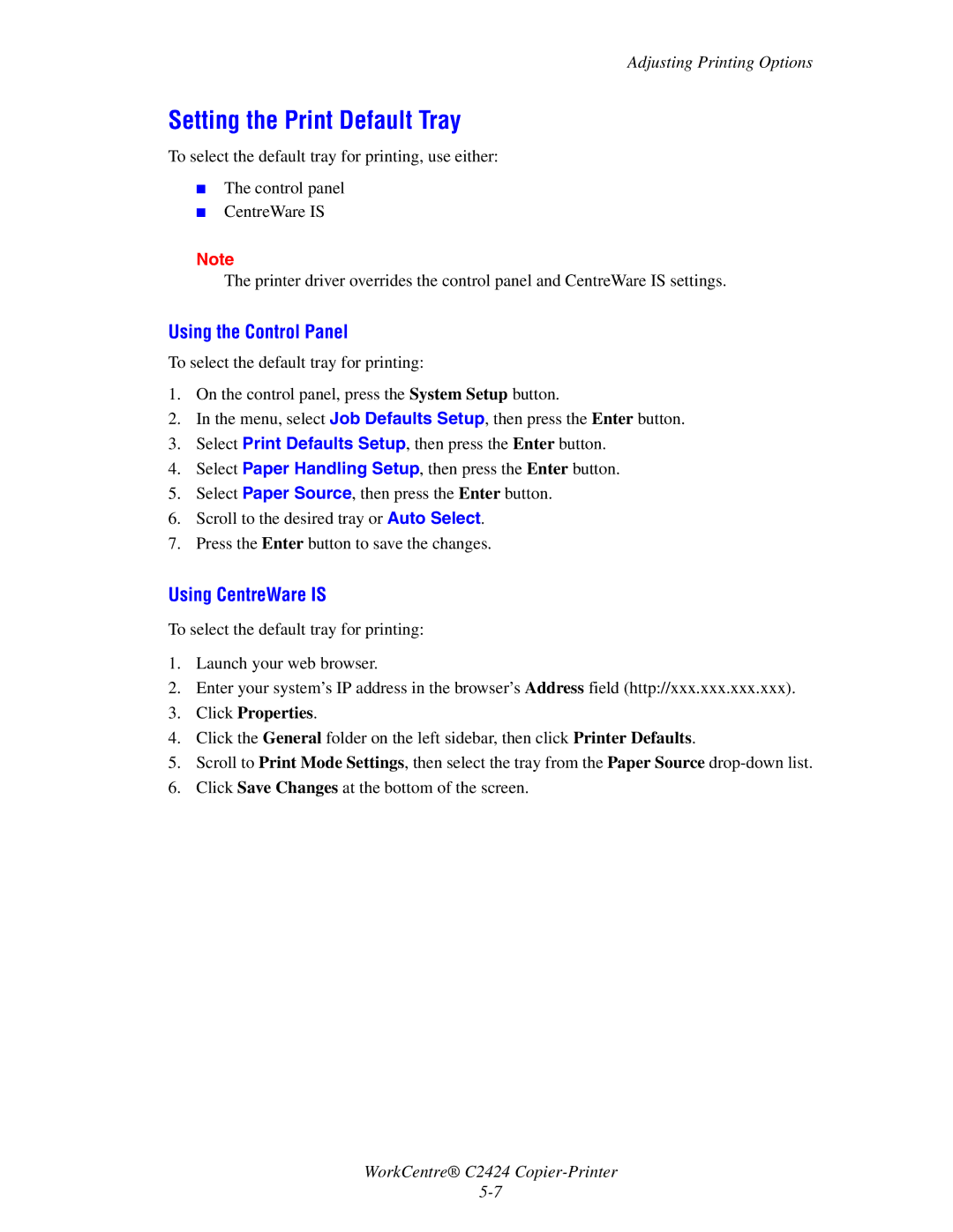 2Wire C424 manual Setting the Print Default Tray, Click Properties 