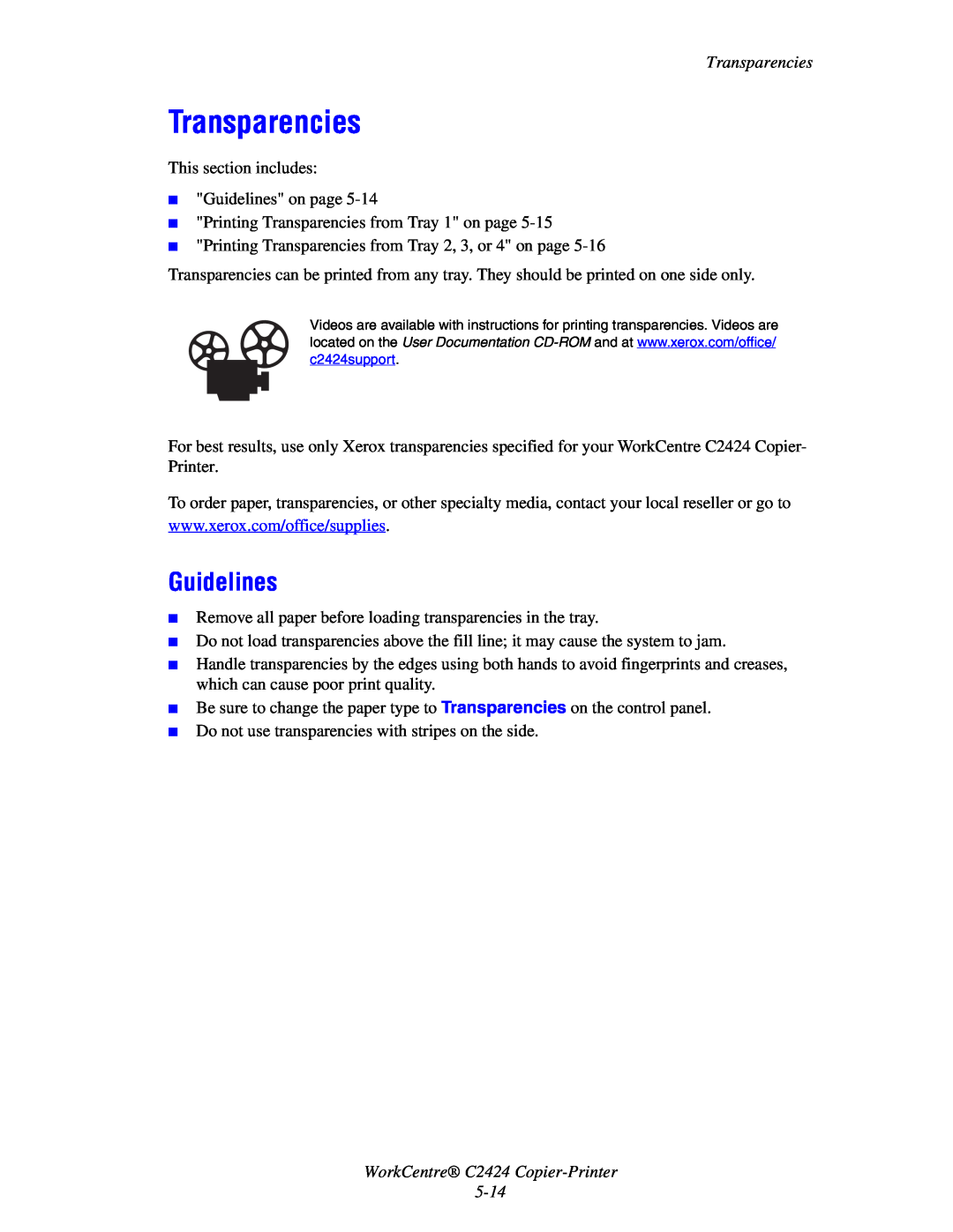 2Wire C424 manual Transparencies, WorkCentre C2424 Copier-Printer, Guidelines 