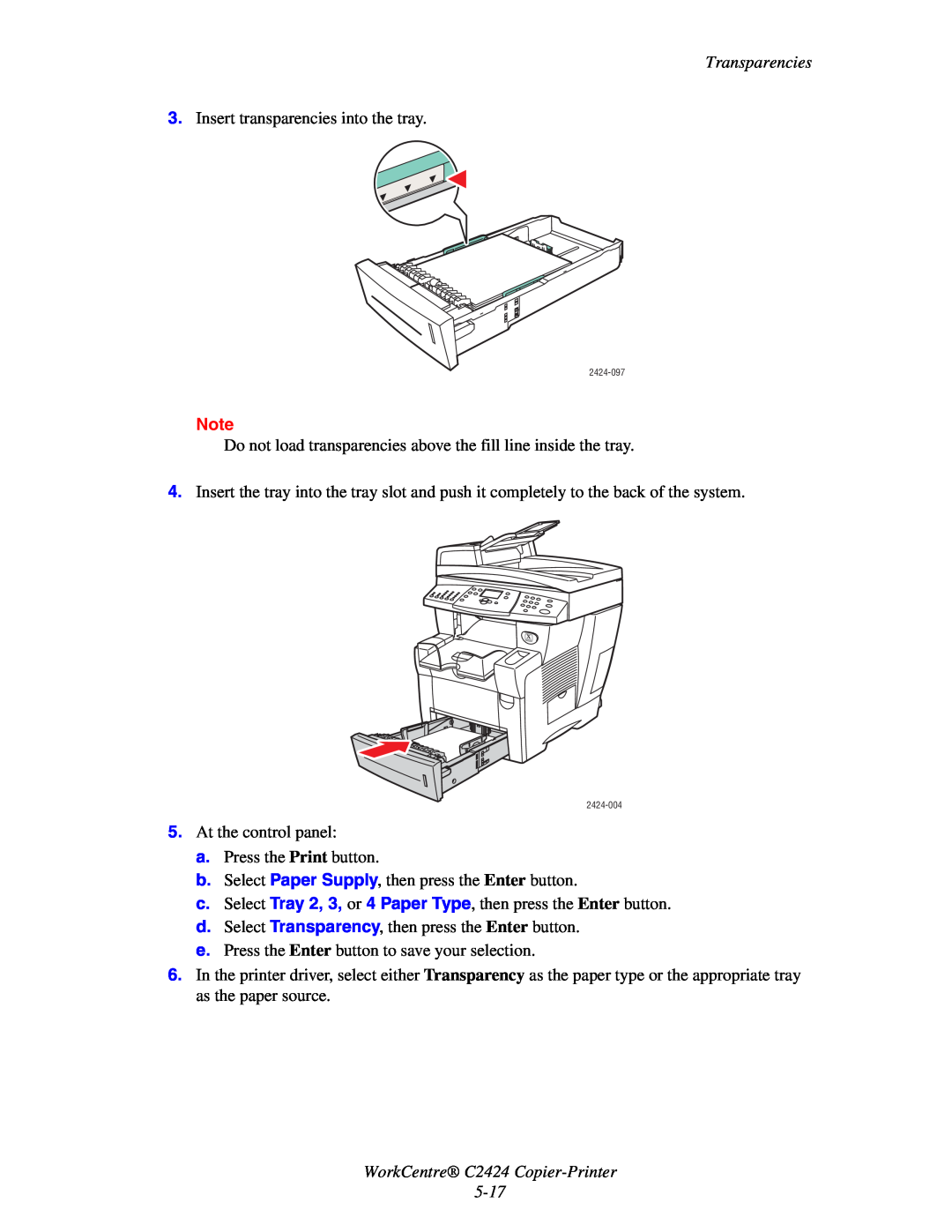 2Wire C424 manual WorkCentre C2424 Copier-Printer, Transparencies 