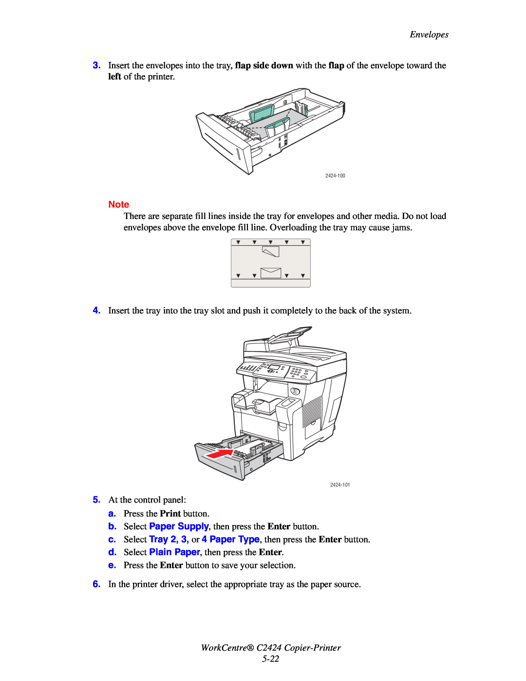 2Wire C424 manual WorkCentre C2424 Copier-Printer, Envelopes 