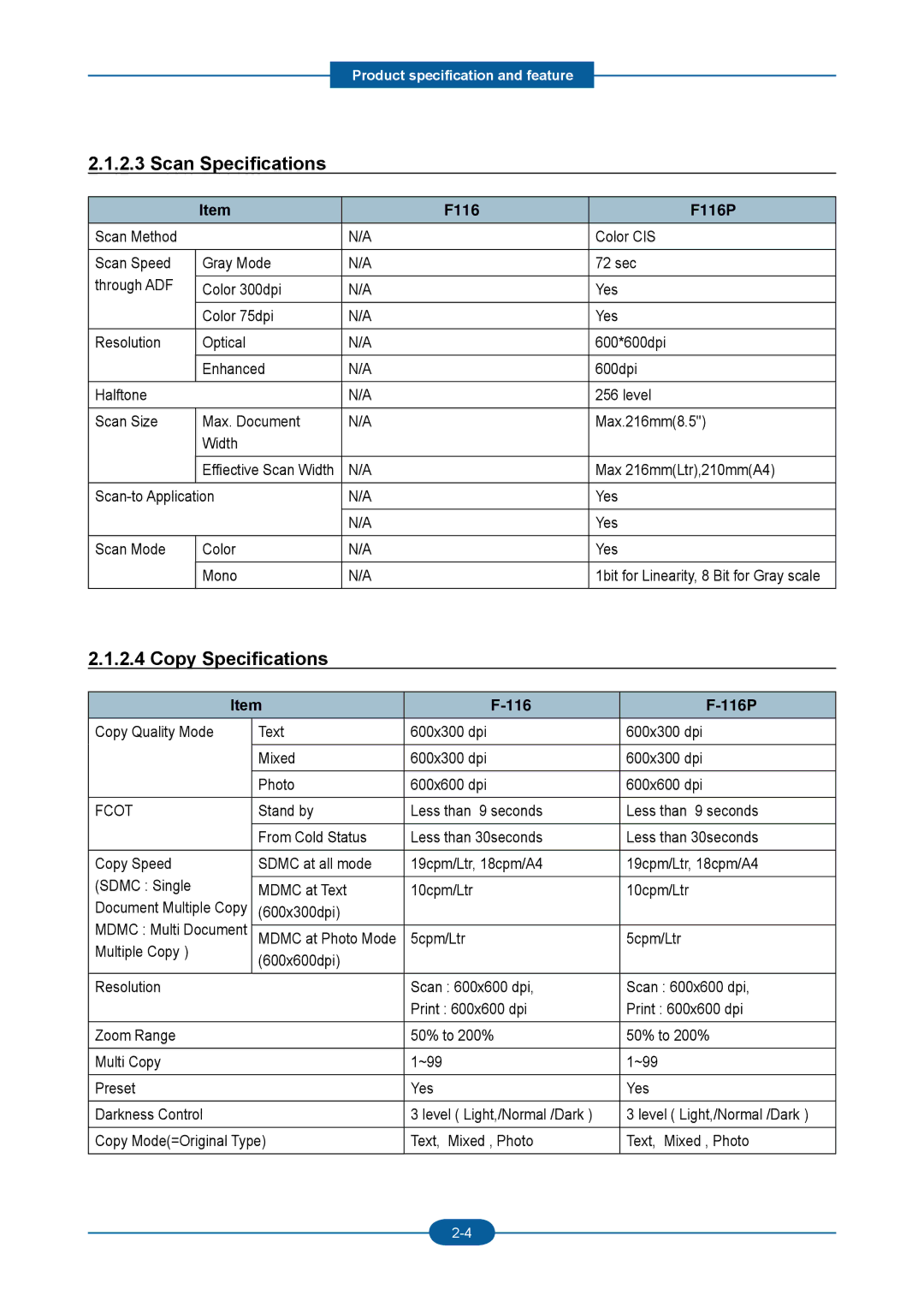 2Wire F-116P manual Scan Specifications, Copy Specifications, F116 F116P, Fcot 