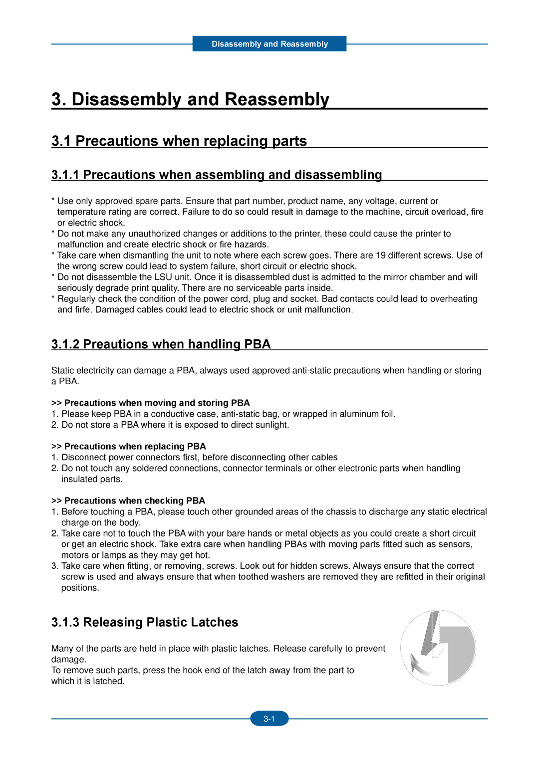 2Wire F-116 Precautions when replacing parts, Precautions when assembling and disassembling, Preautions when handling PBA 