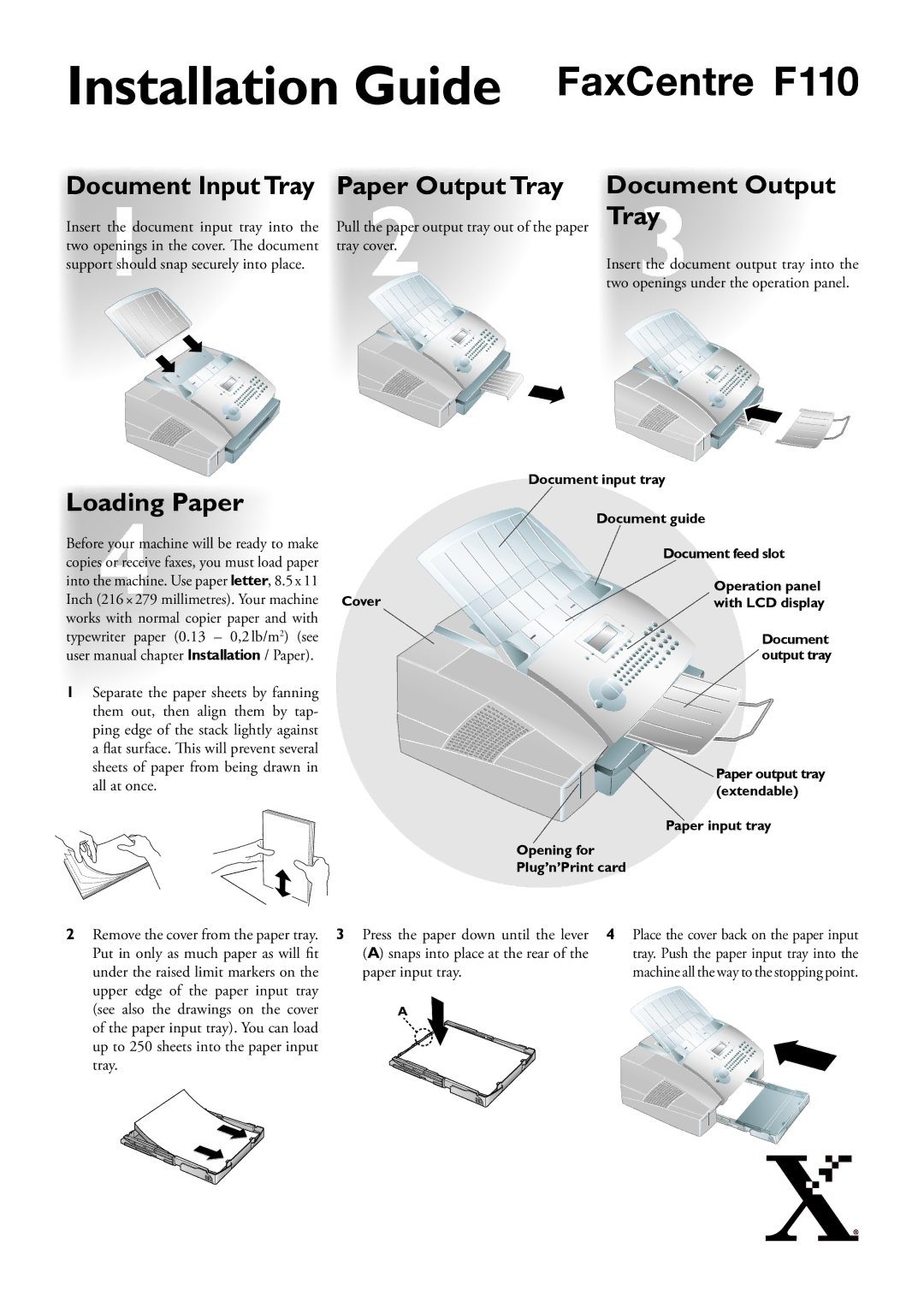 2Wire F110 user manual Paper Output Tray, Document Output Tray, Loading Paper, Document Input Tray 