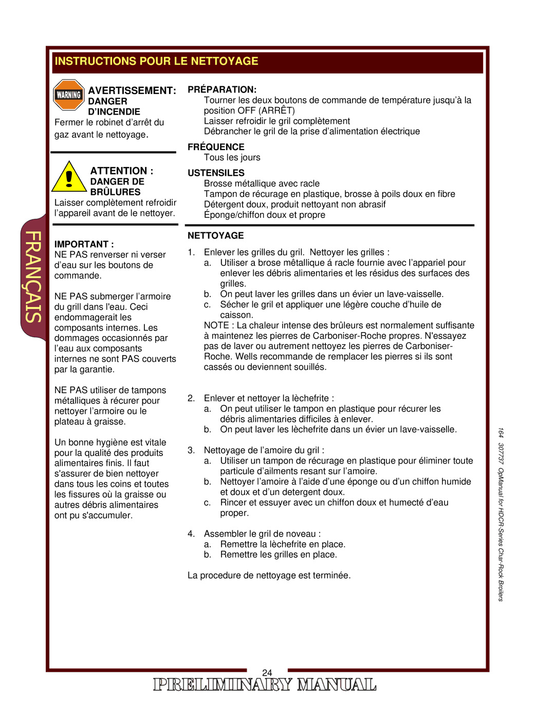 2Wire HDCR-2430G, HDCR-4830G, HDCR-1230G, HDCR-3630G operation manual Brûlures, Préparation, Fréquence, Ustensiles, Nettoyage 