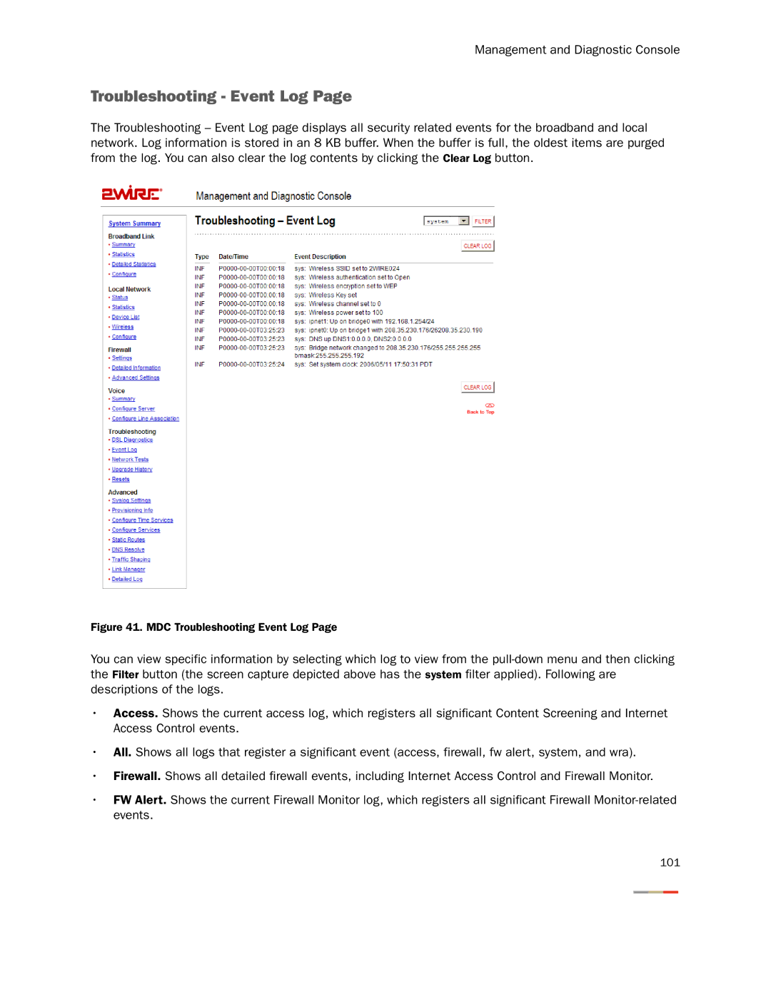 2Wire None manual MDC Troubleshooting Event Log 