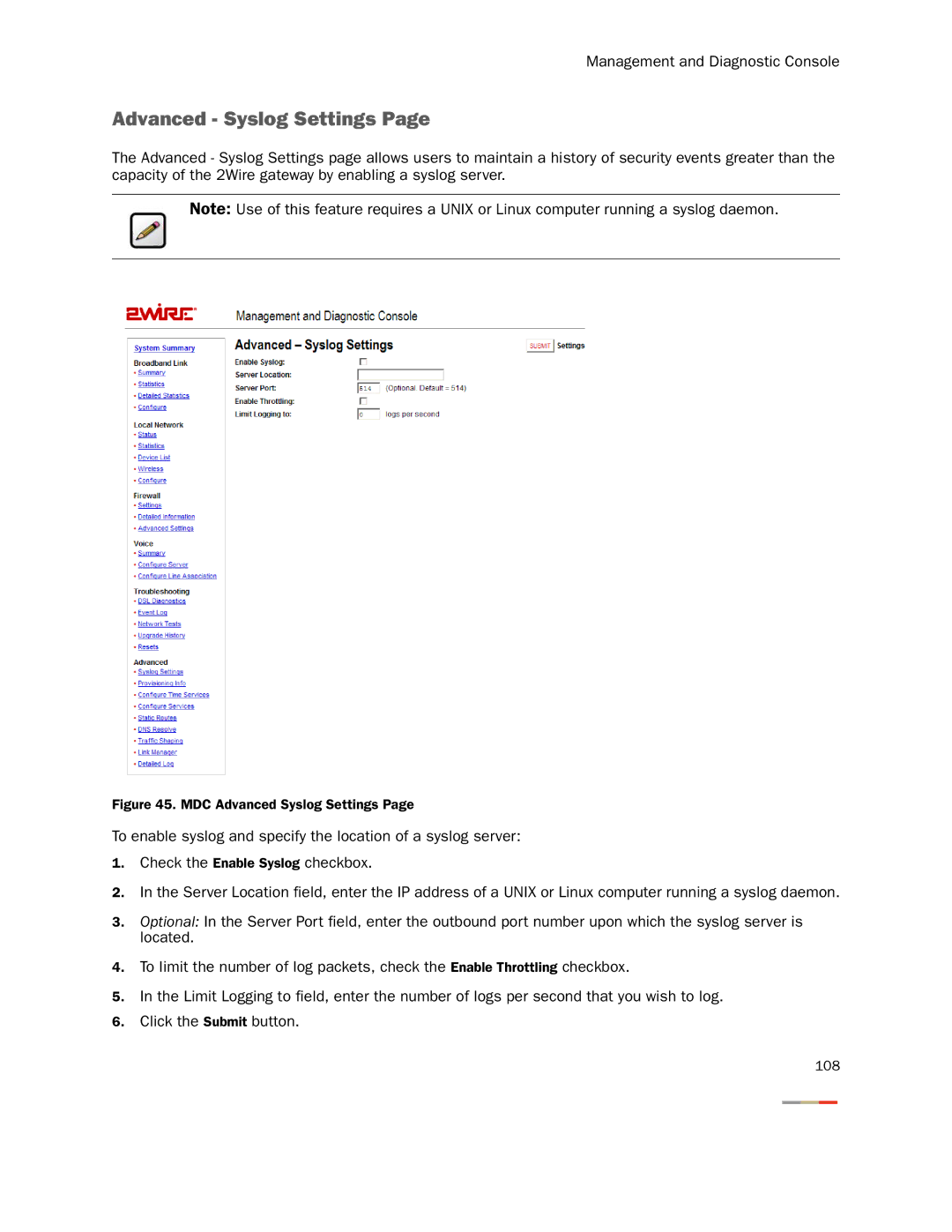 2Wire None manual MDC Advanced Syslog Settings 