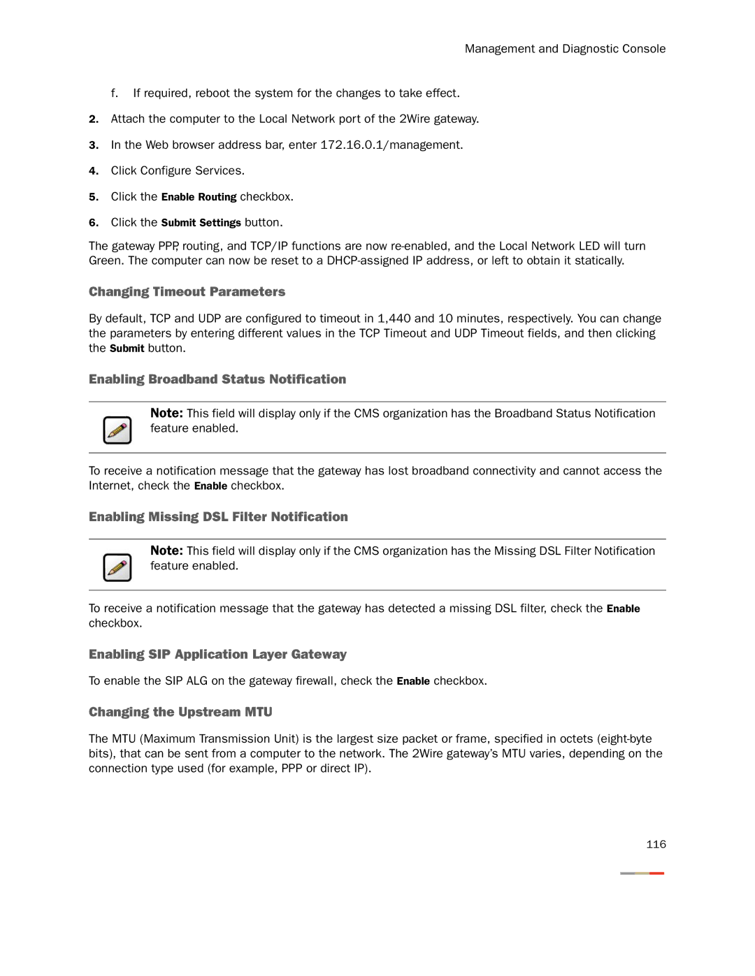 2Wire None Changing Timeout Parameters, Enabling Broadband Status Notification, Enabling Missing DSL Filter Notification 