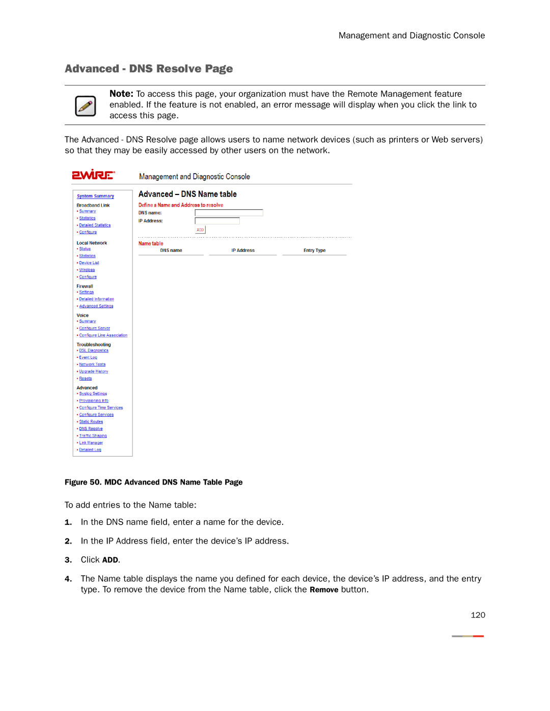 2Wire None manual Advanced DNS Resolve, MDC Advanced DNS Name Table 