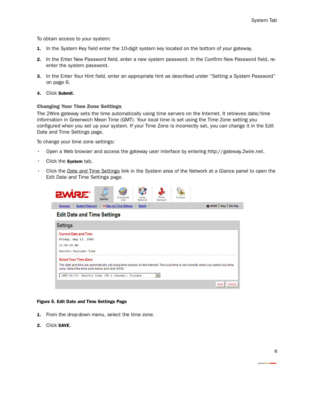 2Wire None manual Changing Your Time Zone Settings 