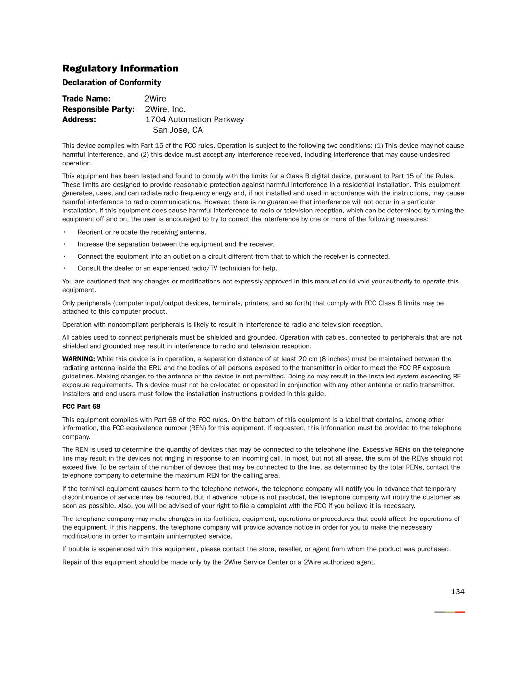 2Wire None manual Regulatory Information 