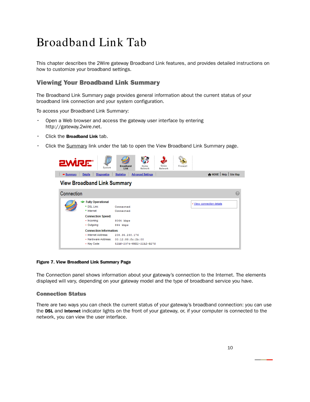 2Wire None manual Viewing Your Broadband Link Summary, Connection Status 