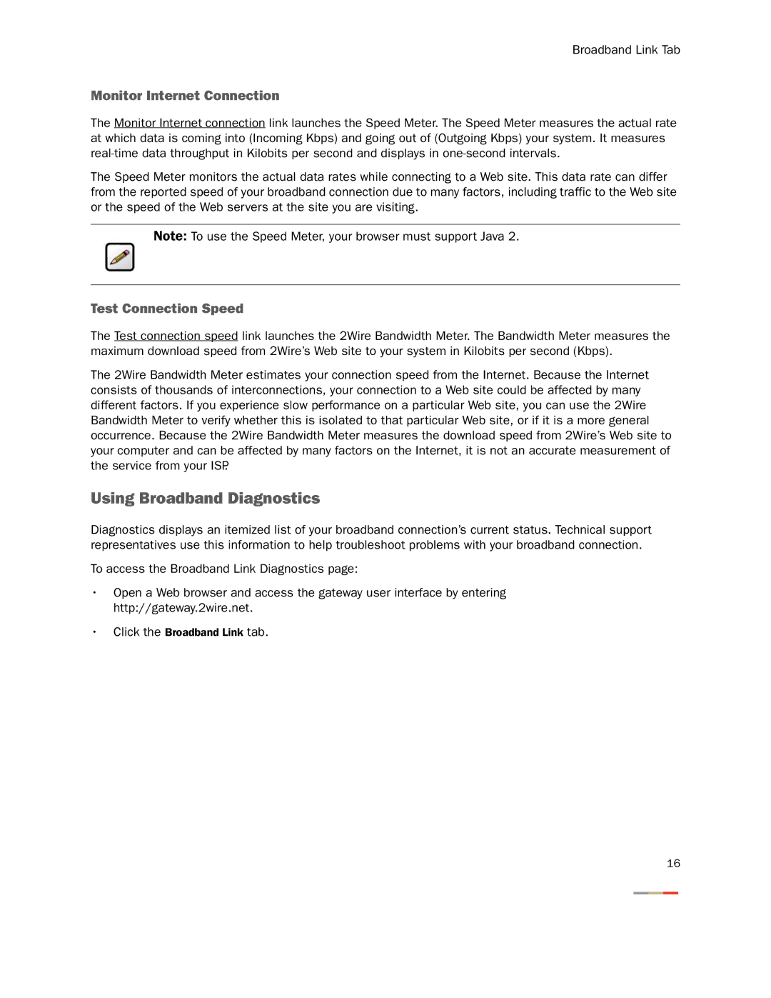 2Wire None manual Using Broadband Diagnostics, Monitor Internet Connection, Test Connection Speed 