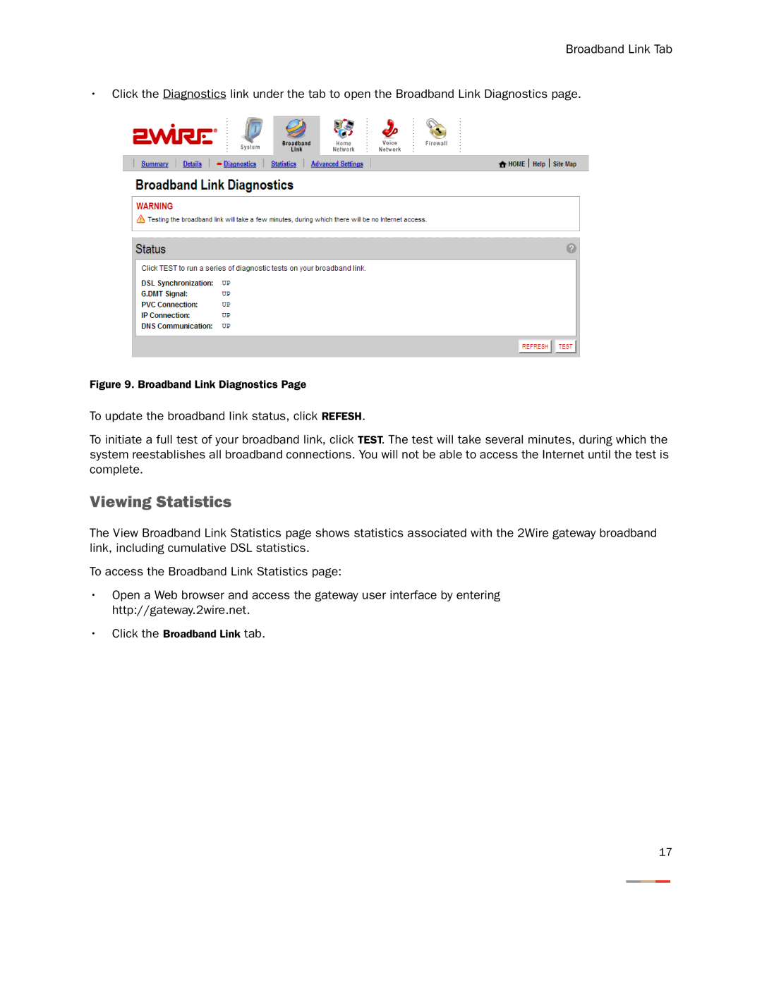 2Wire None manual Viewing Statistics, Broadband Link Diagnostics 