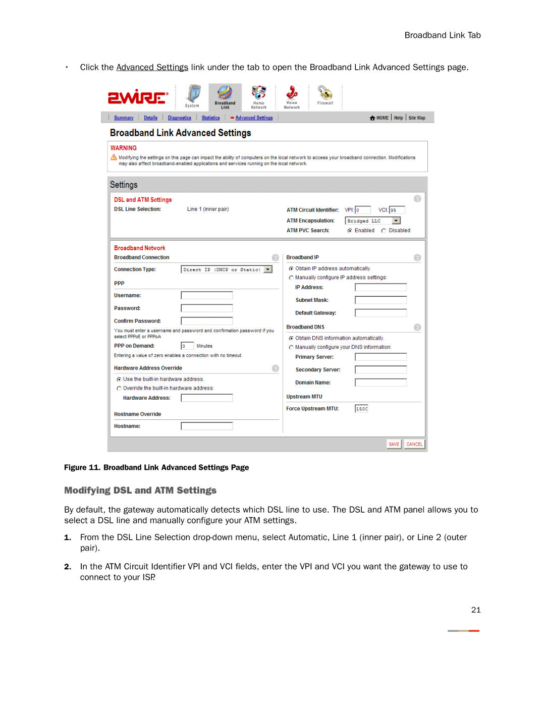 2Wire None manual Modifying DSL and ATM Settings, Broadband Link Advanced Settings 