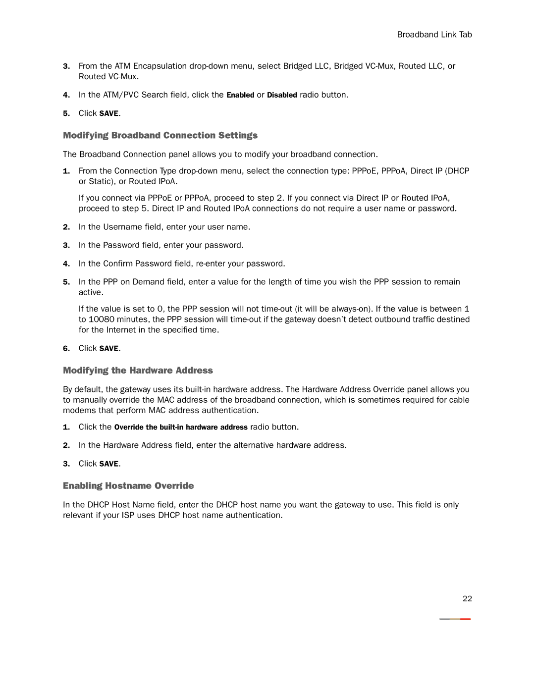 2Wire None manual Modifying Broadband Connection Settings, Modifying the Hardware Address, Enabling Hostname Override 