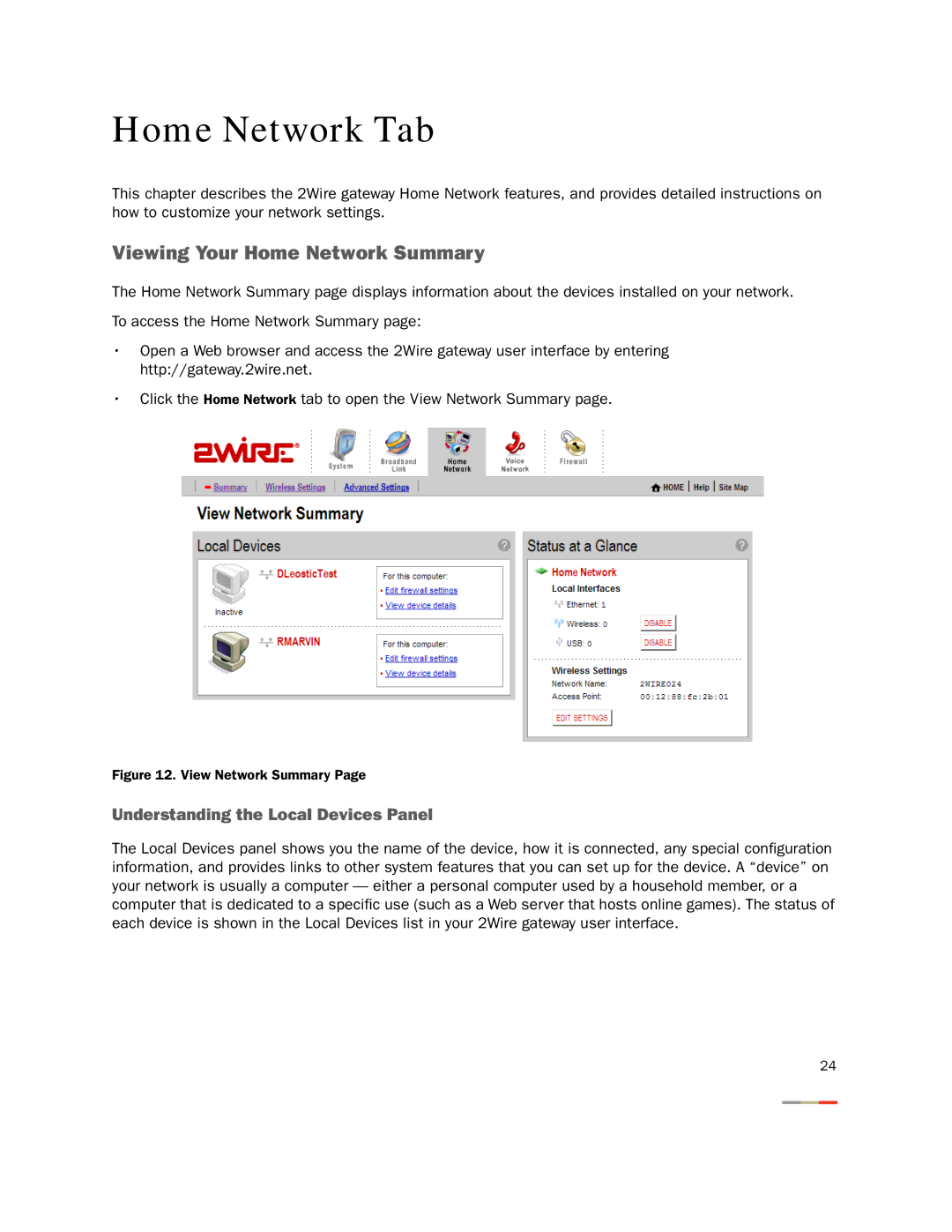 2Wire None manual Viewing Your Home Network Summary, Understanding the Local Devices Panel 