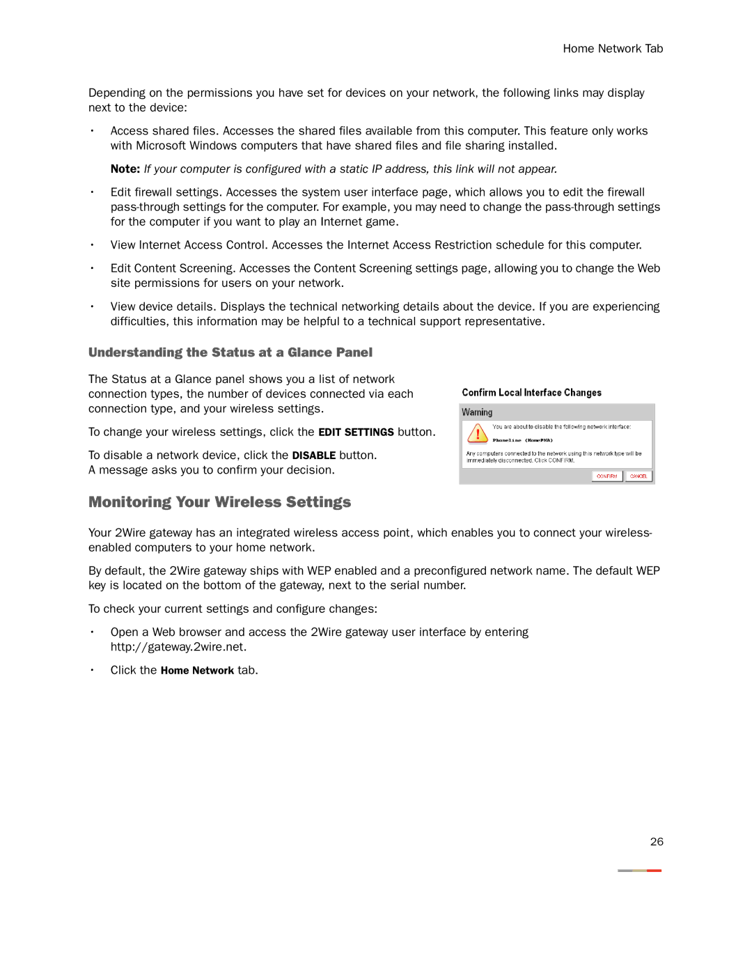 2Wire None manual Monitoring Your Wireless Settings, Understanding the Status at a Glance Panel 