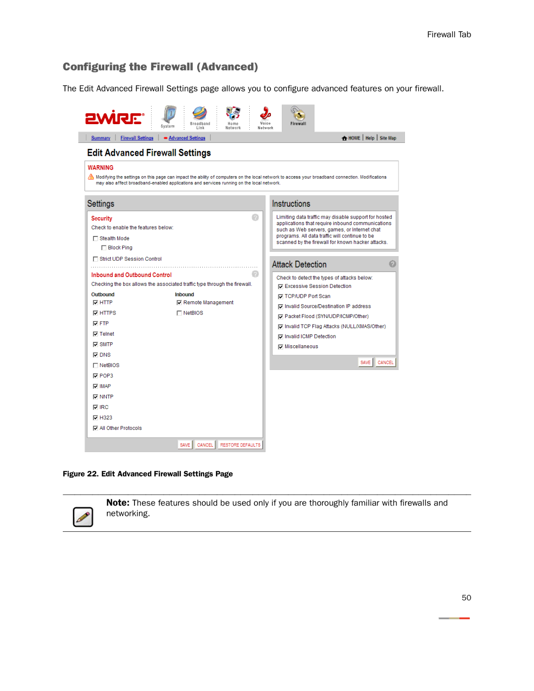 2Wire None manual Configuring the Firewall Advanced, Edit Advanced Firewall Settings 