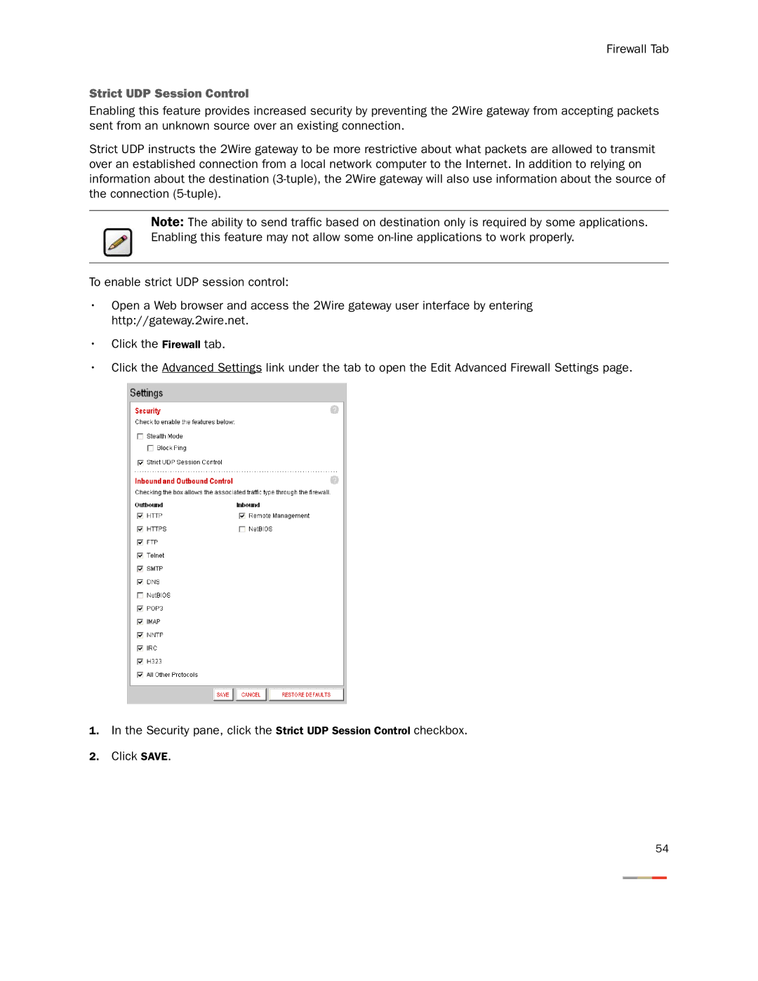 2Wire None manual Strict UDP Session Control 