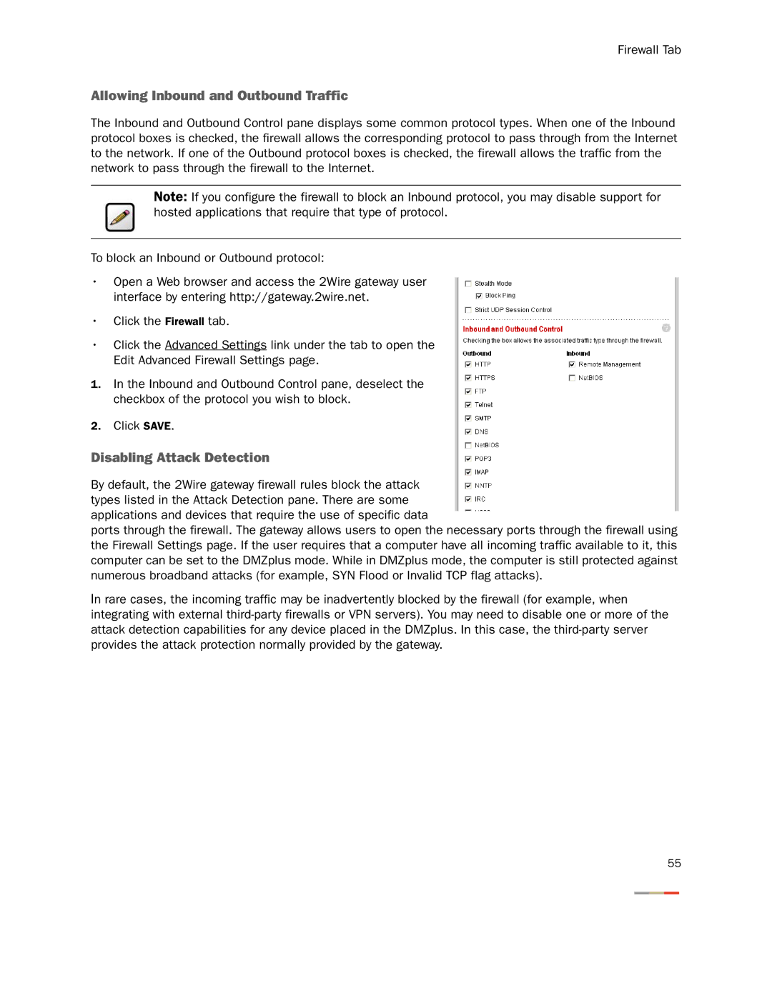 2Wire None manual Allowing Inbound and Outbound Traffic, Disabling Attack Detection 