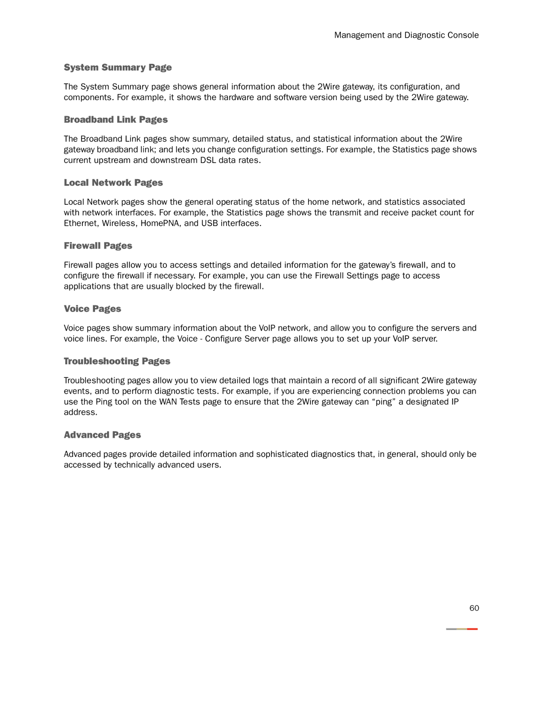 2Wire None System Summary, Broadband Link Pages, Local Network Pages, Firewall Pages, Voice Pages, Troubleshooting Pages 