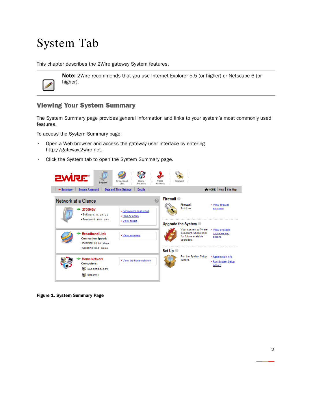 2Wire None manual System Tab, Viewing Your System Summary 