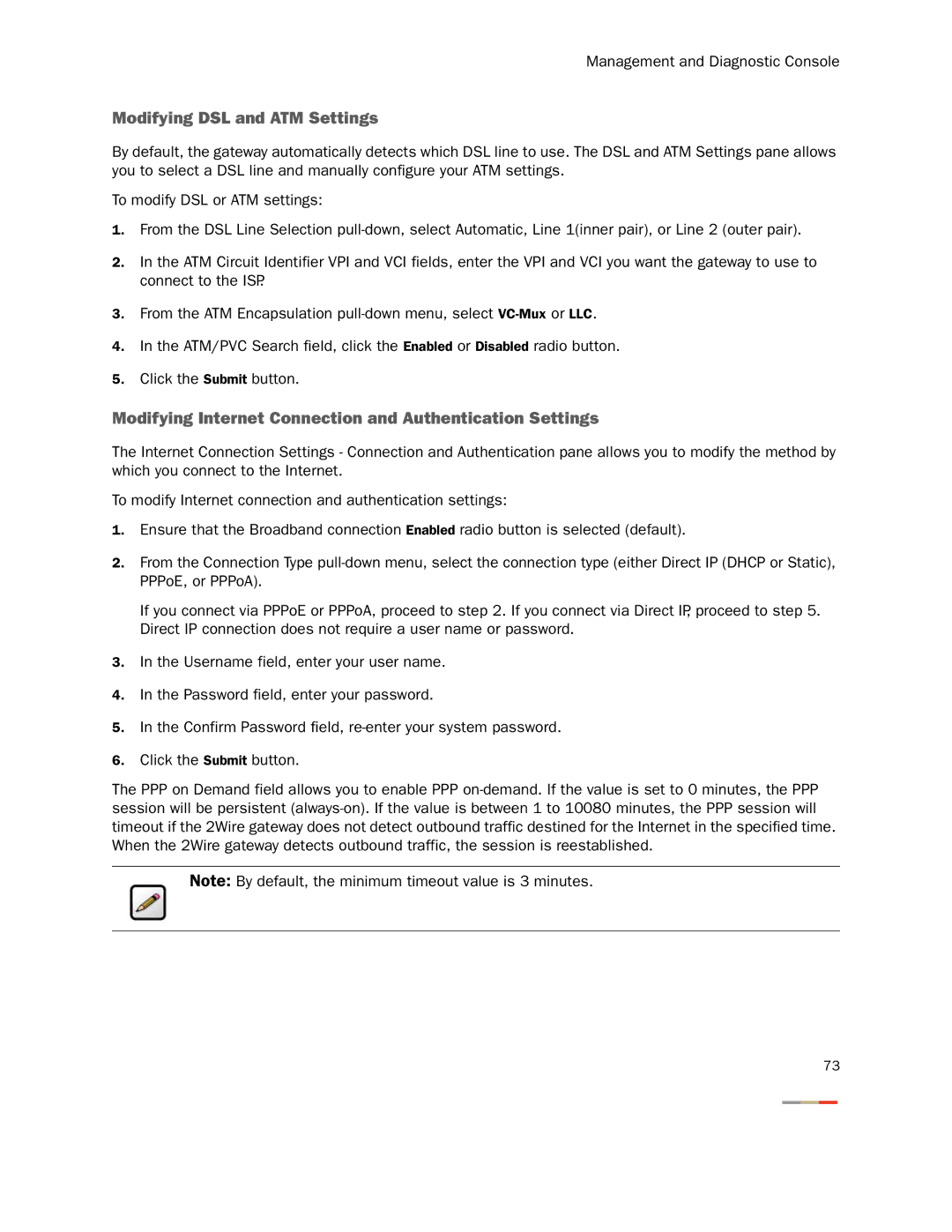 2Wire None manual Modifying DSL and ATM Settings, Modifying Internet Connection and Authentication Settings 