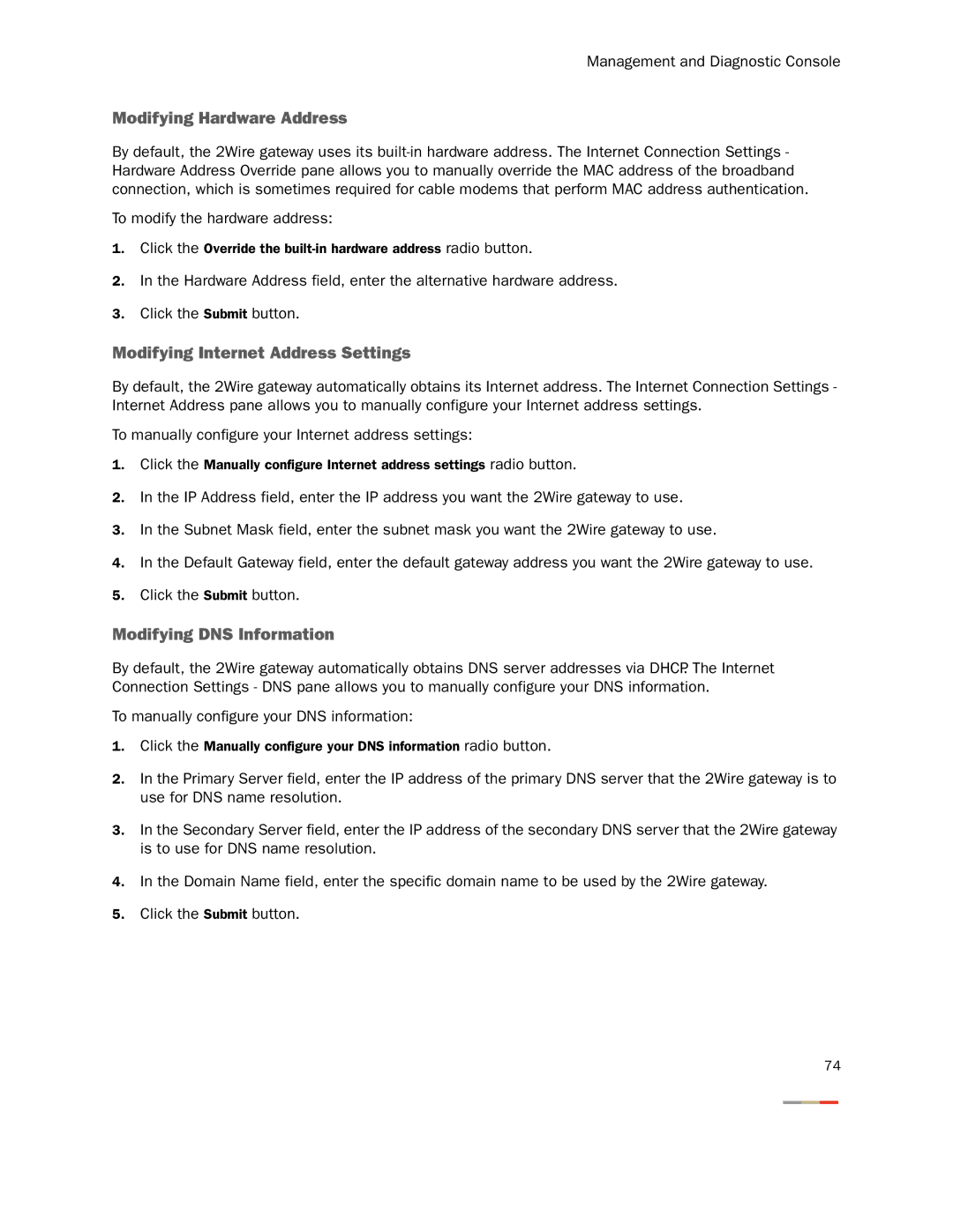 2Wire None manual Modifying Hardware Address, Modifying Internet Address Settings, Modifying DNS Information 