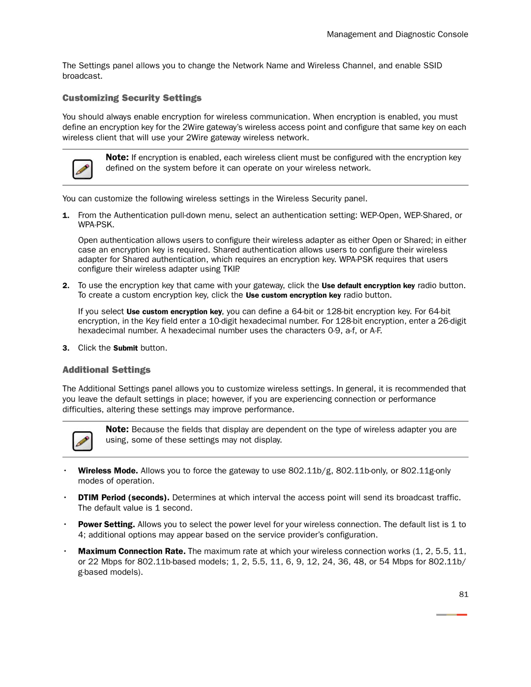 2Wire None manual Customizing Security Settings, Additional Settings 